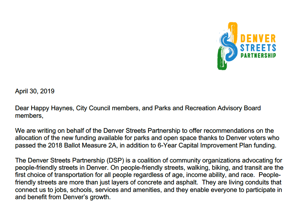 First few paragraphs of the DSP letter regarding parks and open space funding