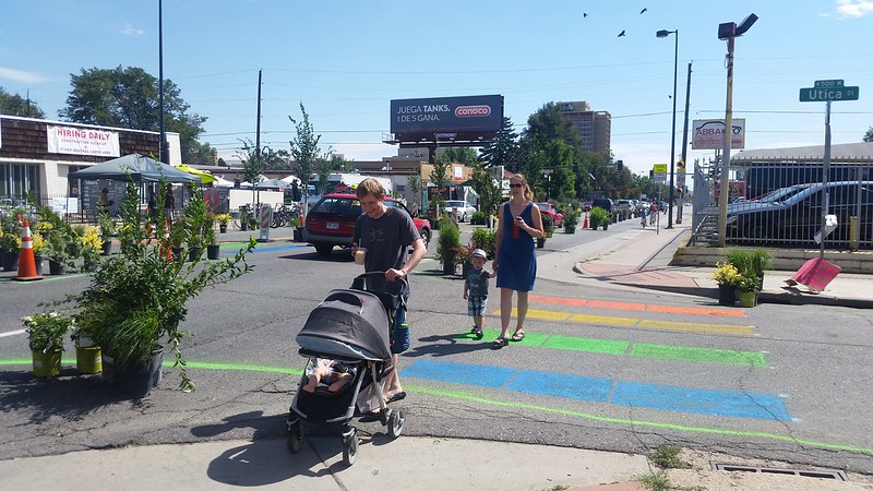 People crossing Colfax with tactical urbanism