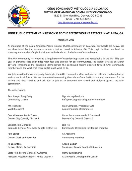 Statement of solidarity with Asian American community 03-19-2021