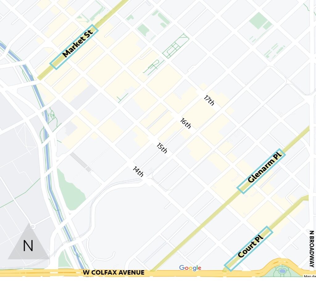 A map screenshot showing the locations of the three parklet areas listed in the text.