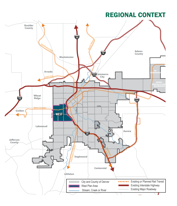 Map showing the City of Denver and highlighting the Denver West Area.