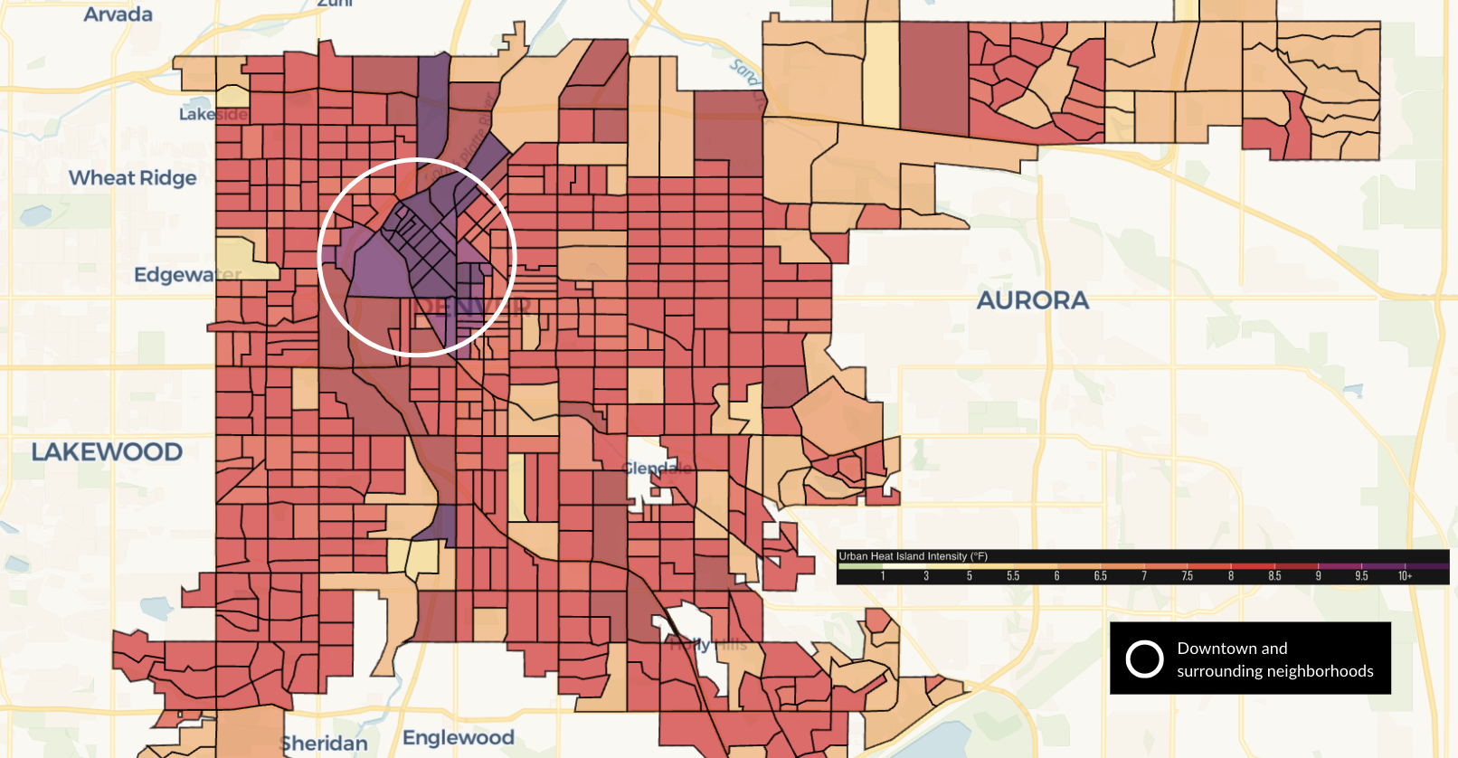 Map of Denver depicts heat intensity by color, with a white circle encompassing downtown Denver and surrounding neighborhoods in purple, which indicates the highest level of heat intensity.