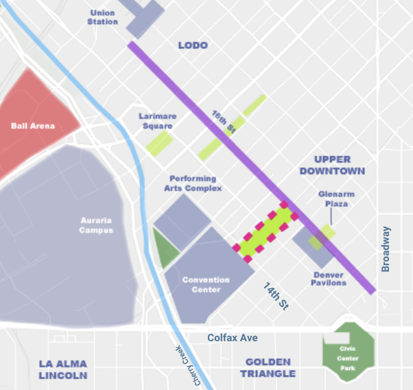 Map of downtown Denver highlights the location of Cali Commons on California Street, from 14th to 16th Street.