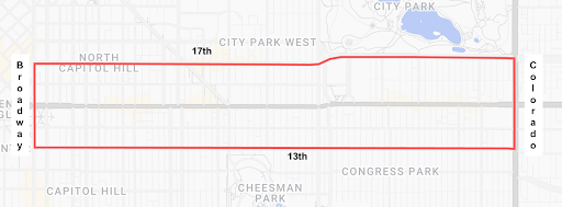 Map of Colfax Avenue outlining the priority focus area for the Colfax Ave Parking Management Study Area