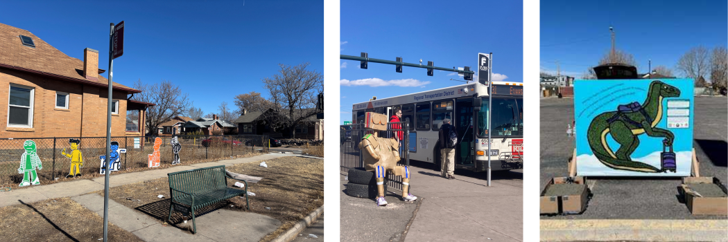 Art installations at three different bus stops