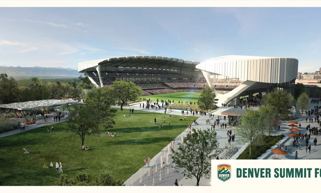 Rendering of the proposed Denver Summit FC stadium planned for the Santa Fe Yards site