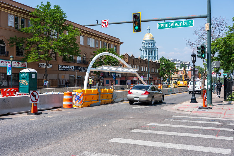 Newly installed arch on Colfax during BRT construction