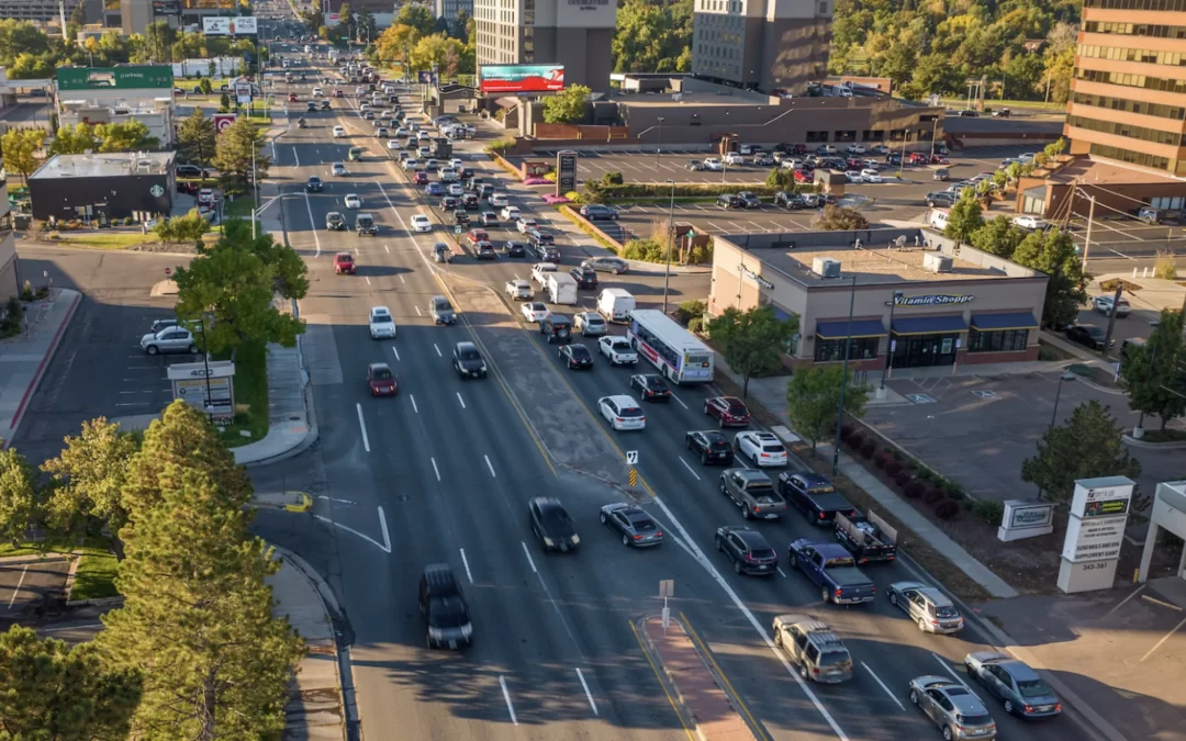 Aerial photo looking down Colorado Boulevard