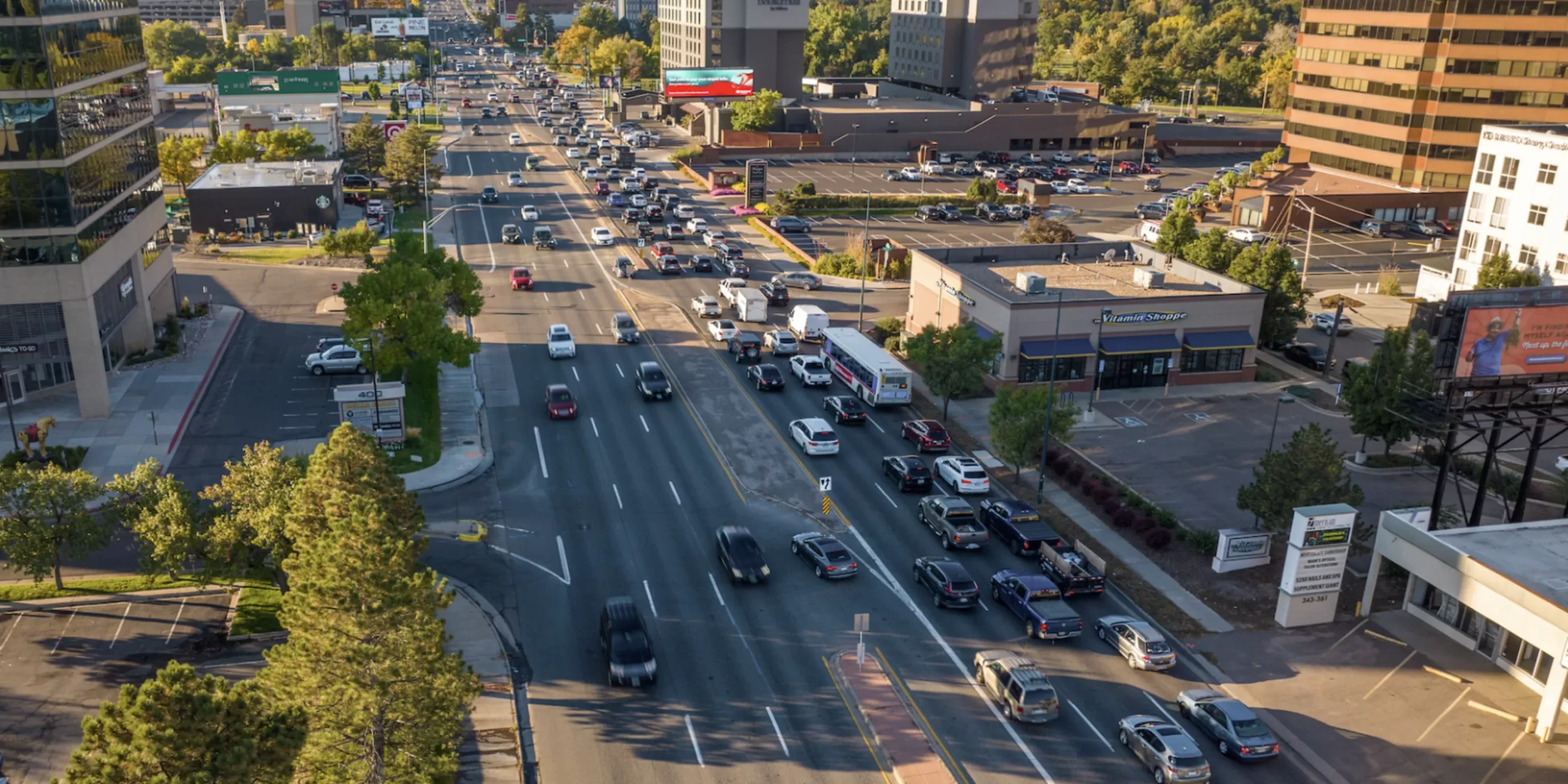 Aerial photo looking down Colorado Boulevard