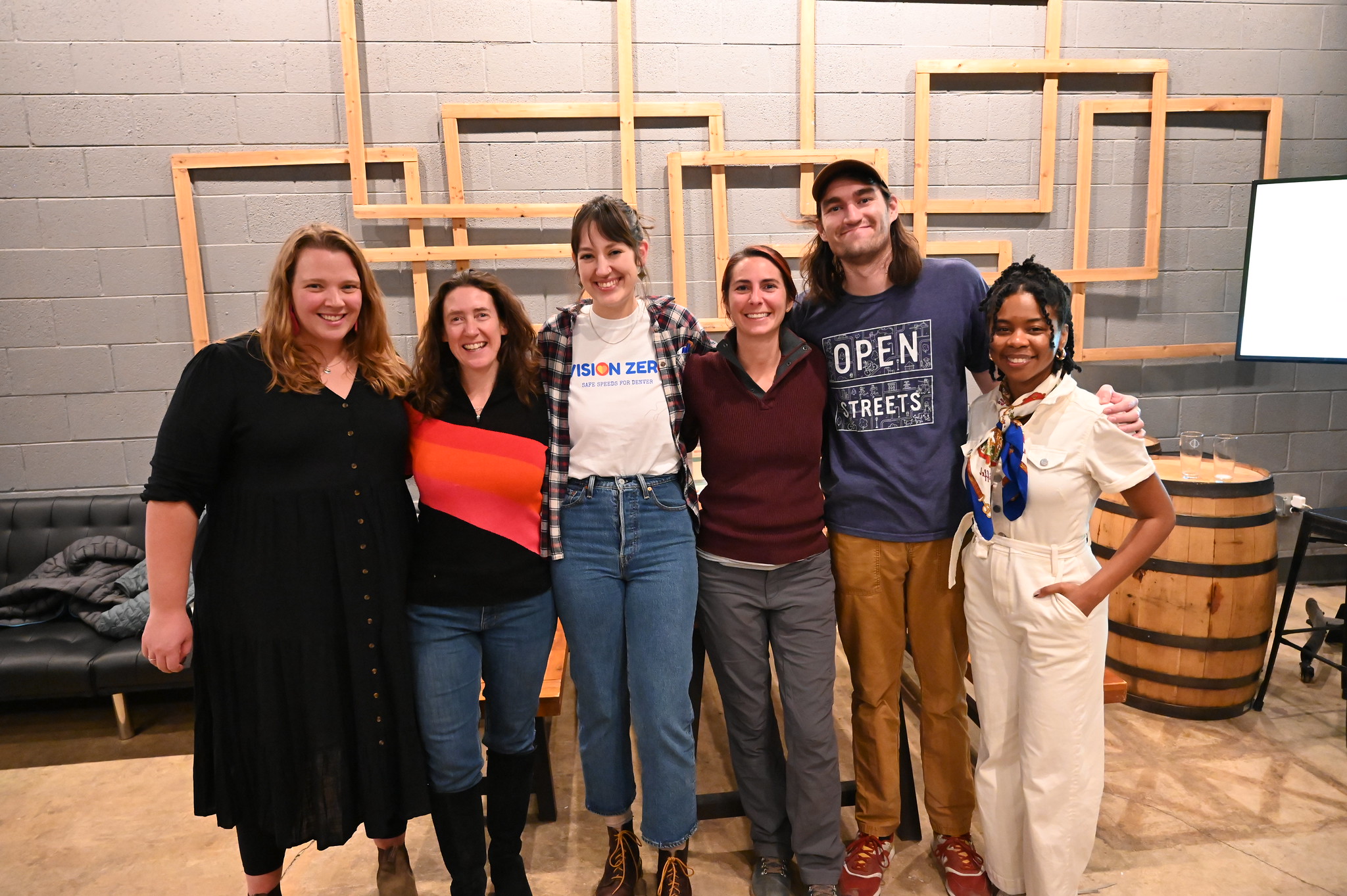 DSP Team Members standing together in a row at the 2023 End of Year Celebration. From left to right: Molly McKinley, Jill Locantore, Mari Meier, Adrienne Razavi, Sam McCrory, and Tanniqua-Kay Buchanan