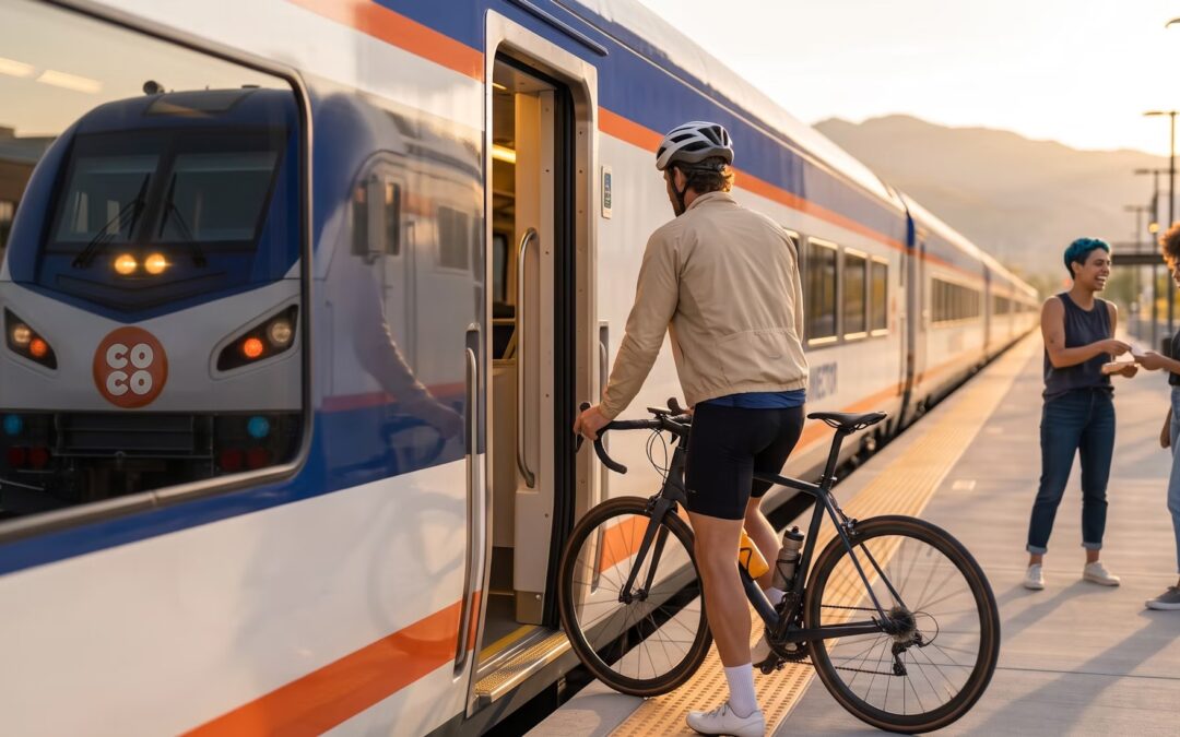 Rendering of a man loading a bicycle onto a "Colorado Connector" train