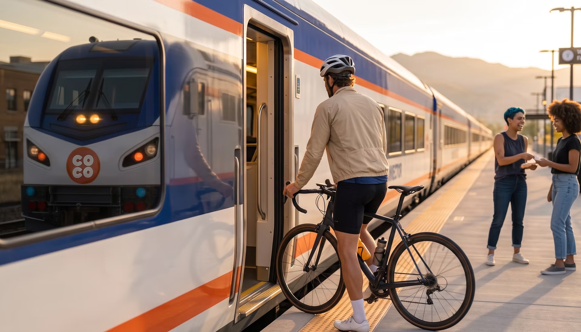 Rendering of a man loading a bicycle onto a "Colorado Connector" train